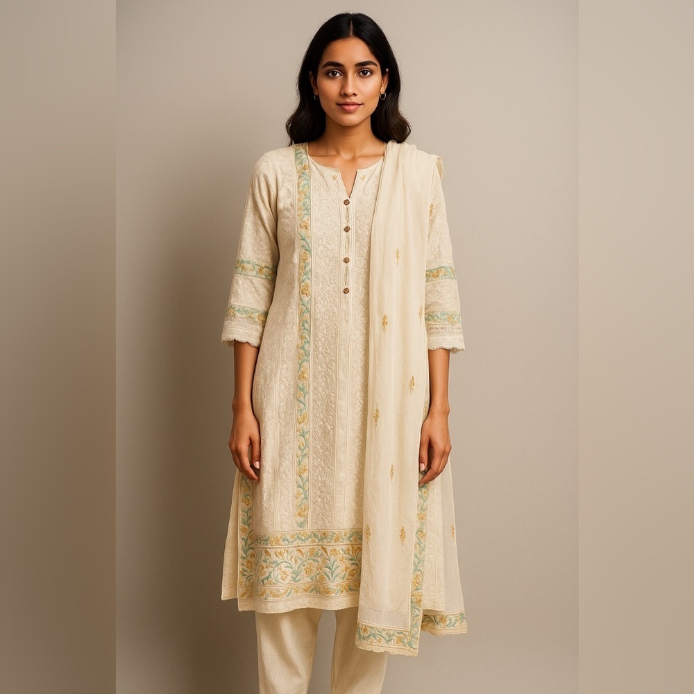 Artisan Block Print Kurti Tunic with Dupatta Boho Chikankari Eyelet Cotton Dress